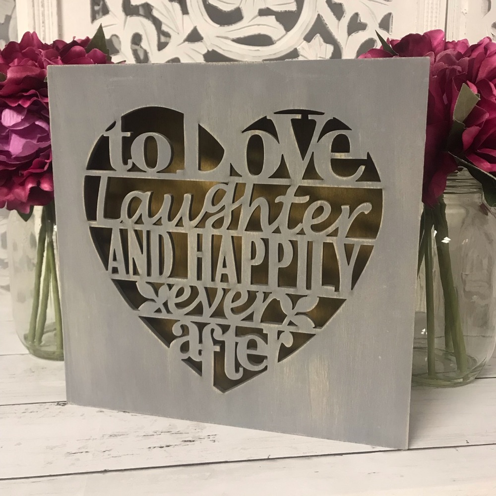 Wooden Wedding Sign Wall & Table Decor “…Happily Ever After”, Gray Rustic Love